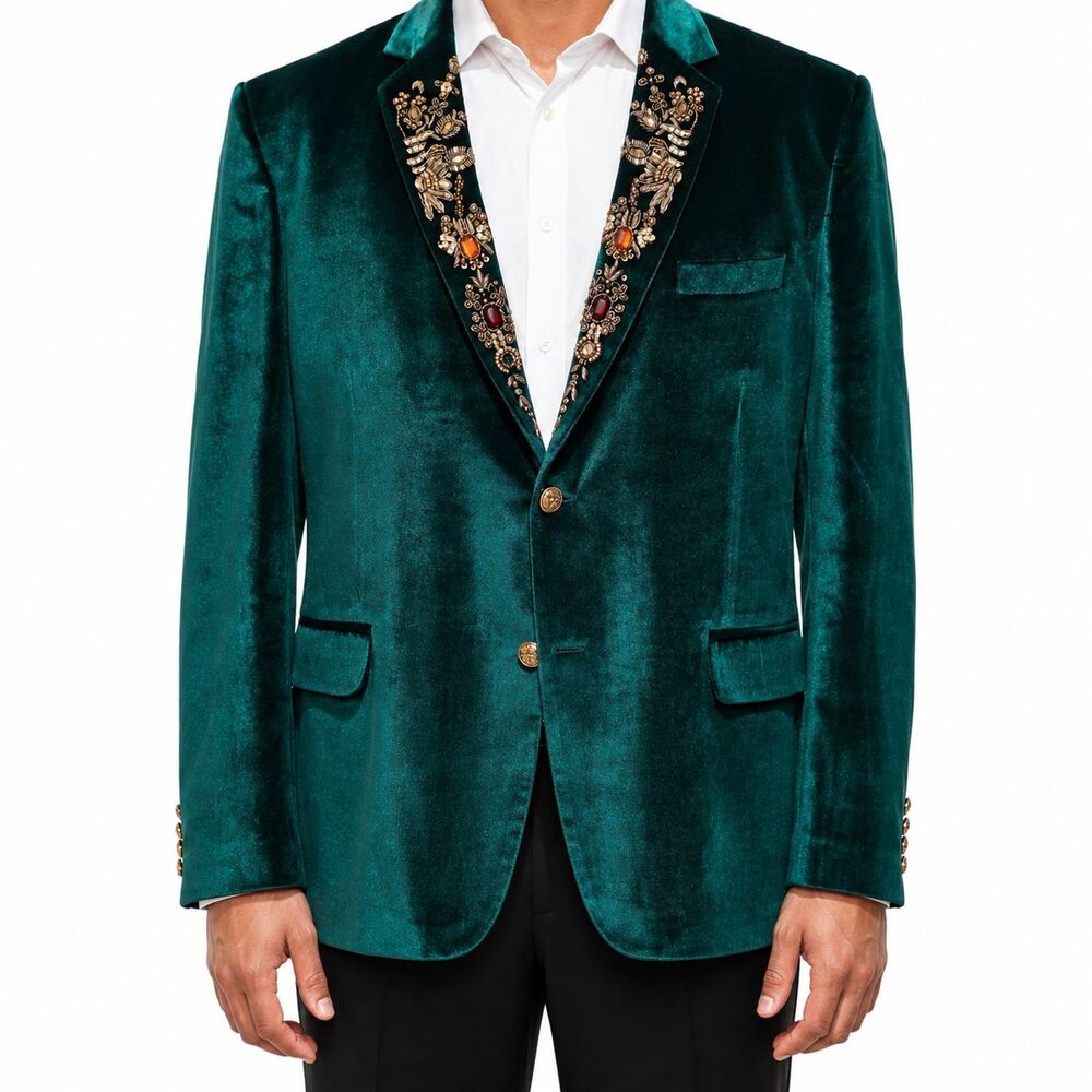 Mens 46R Teal Green Velvet Blazer Hand Embroidered Jeweled Wedding Tuxedo Groom